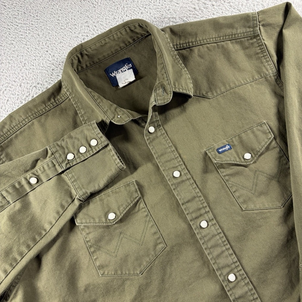 Wrangler Pearl Snap Western‎ Shirt Mens XL Green Long Sleeve Heavyweight Canvas
